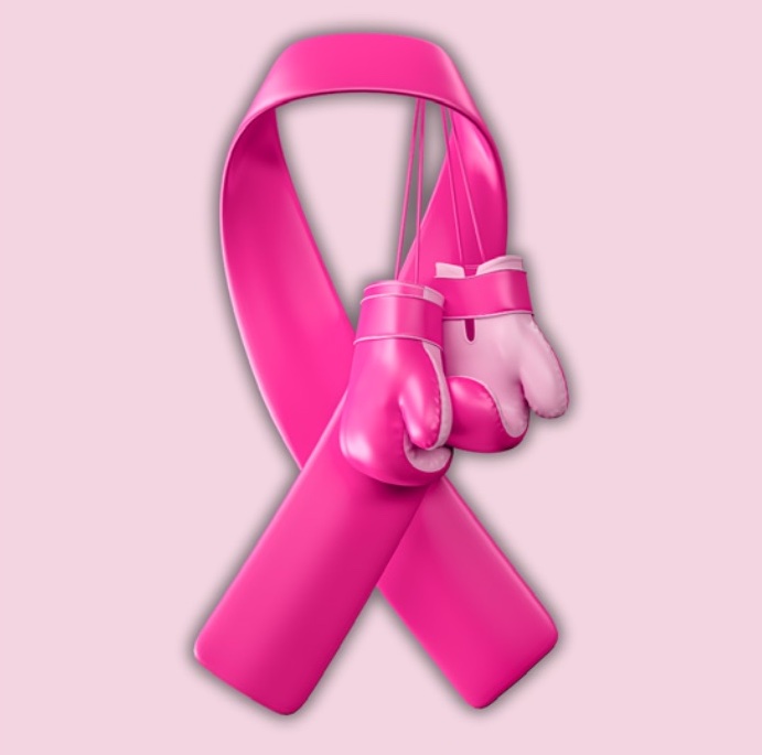 Pink boxing gloves with breast cancer awareness ribbon